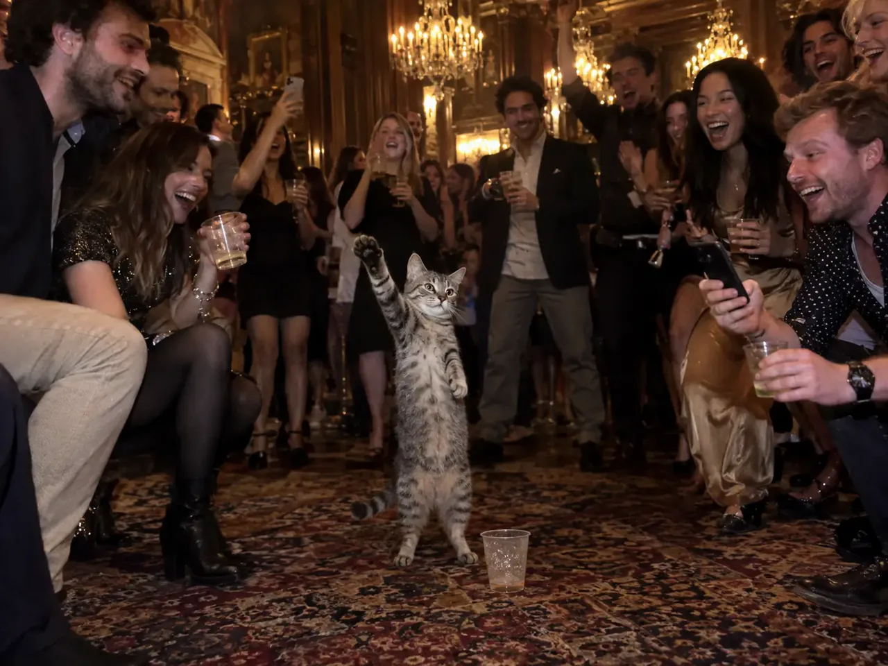 Burning Bridges AI cat video: a tabby cat raises a paw at the chandelier-lit party