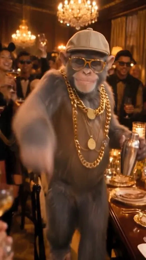 Burning Bridges AI trend video: a chimp in a flat cap and gold chains dances at the party
