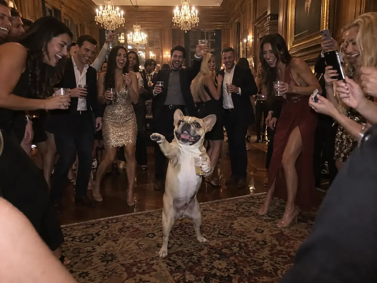 Burning Bridges AI pet video: a French bulldog stands on its hind legs in the middle of the party
