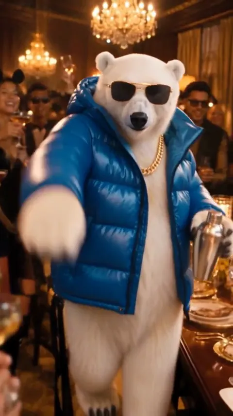 Burning Bridges AI video example: a polar bear in a blue puffer jacket shades its eyes at the party